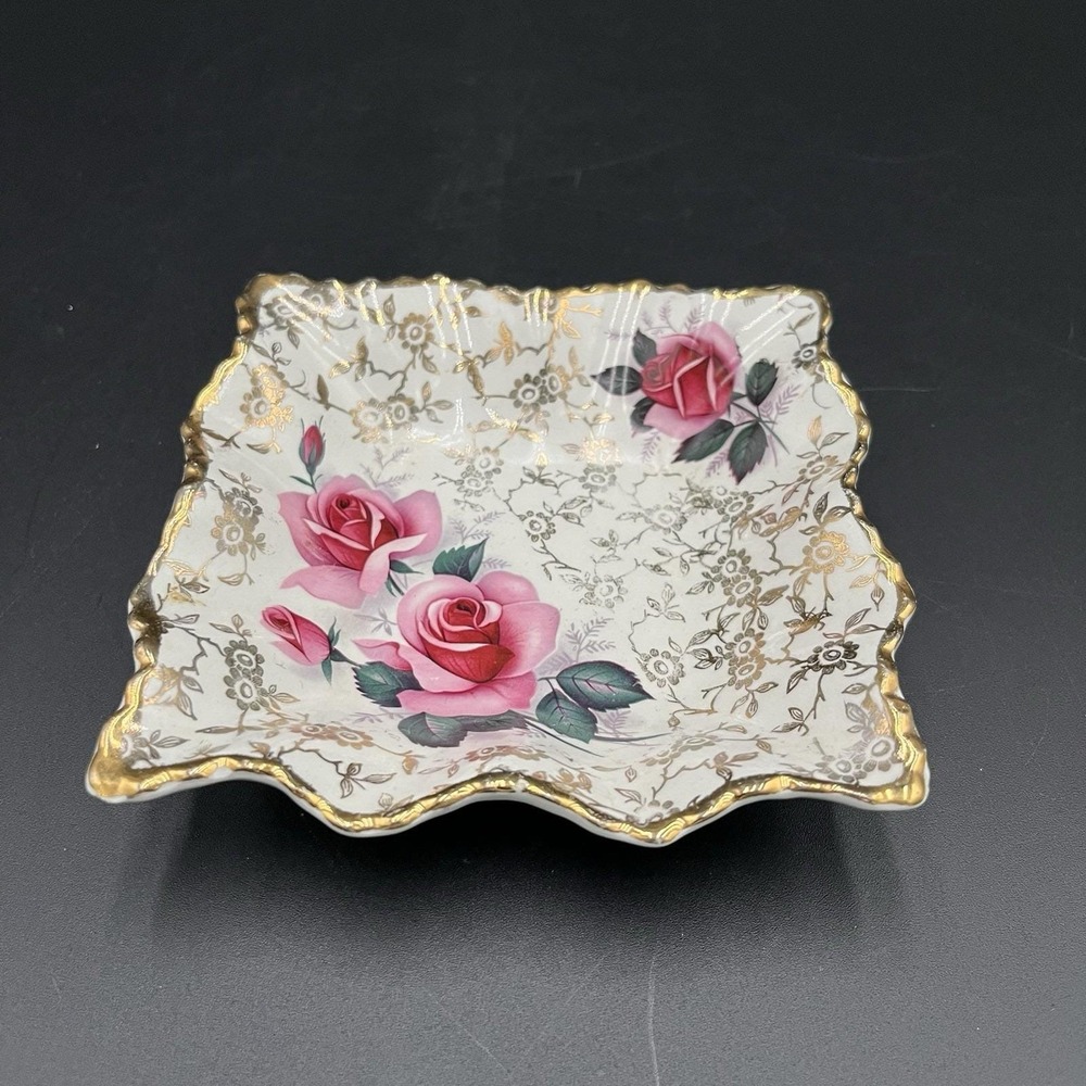 James Kent Old Foley Square Candy Dish Pink Roses Gold Trim Stanfordshire Eng